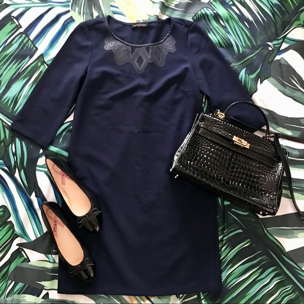 Navy Blue 3/4 Sleeve Dress with Leather Detail